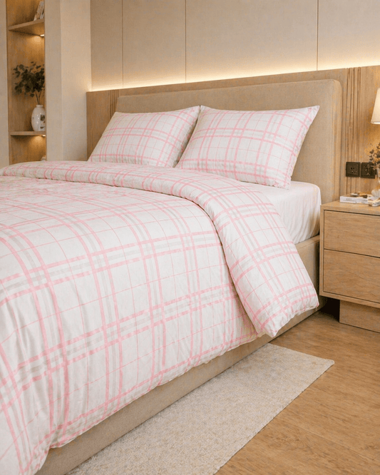 Reysha Digital Print Colour Premium Cotton Bedsheet - Scandi Blush Checks ( Thread Count 300 )
