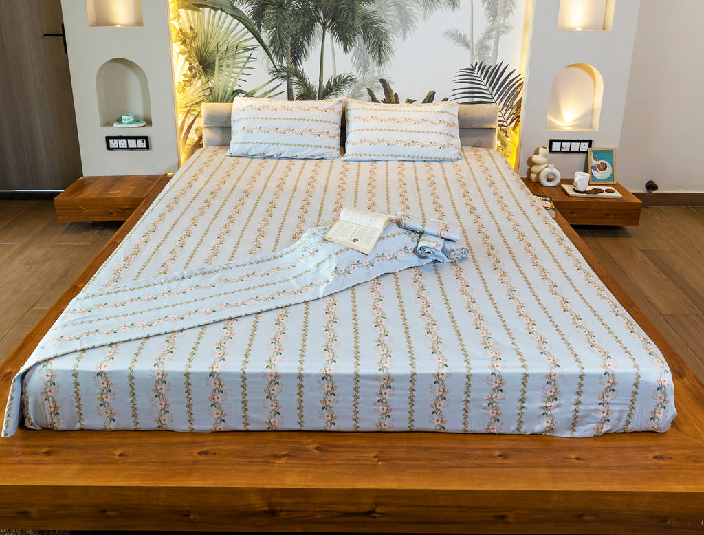Reysha Digital Print Colour Premium Cotton Bedsheet - Blue Vine Whisper ( Thread Count 300 )