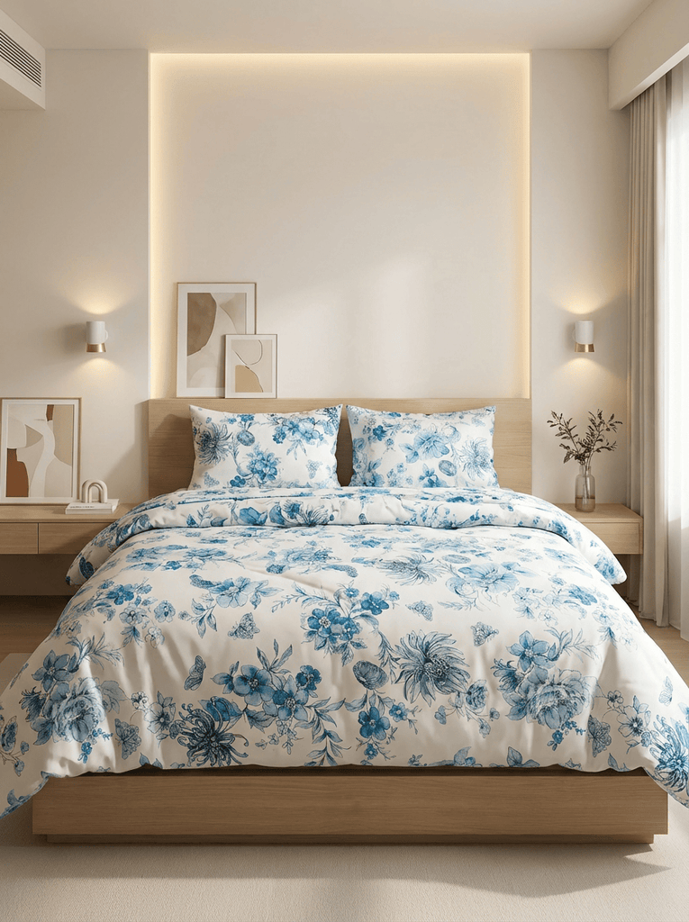 Reysha Digital Print Colour Premium Cotton Bedsheet - Fleurs De Paris (Blue Jardin) | ( Thread Count 400 )
