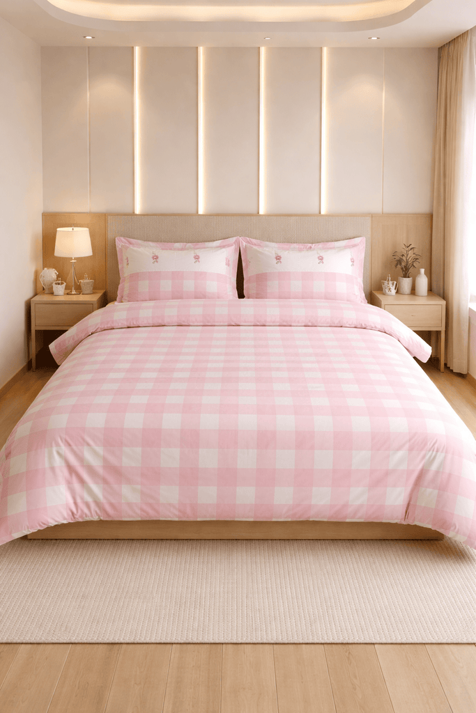Reysha Digital Print Colour Premium Cotton Bedsheet - Gingham Pink Garden Bliss ( Thread Count 300 )