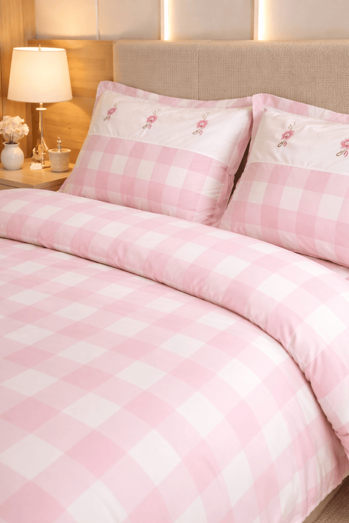 Reysha Digital Print Colour Premium Cotton Bedsheet - Gingham Pink Garden Bliss ( Thread Count 300 )