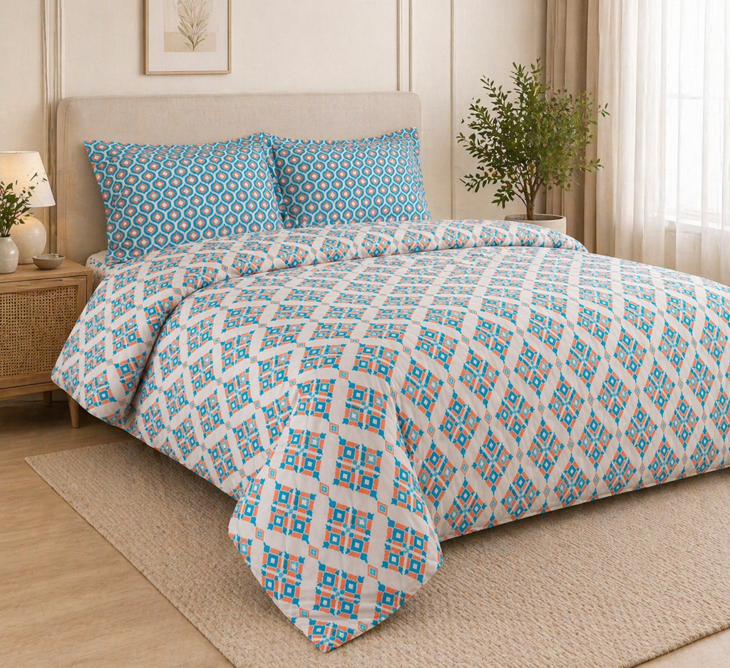 Reysha Digital Print Colour Premium Cotton Bedsheet - Indonesian Ikkat Essence ( Thread Count 300 )