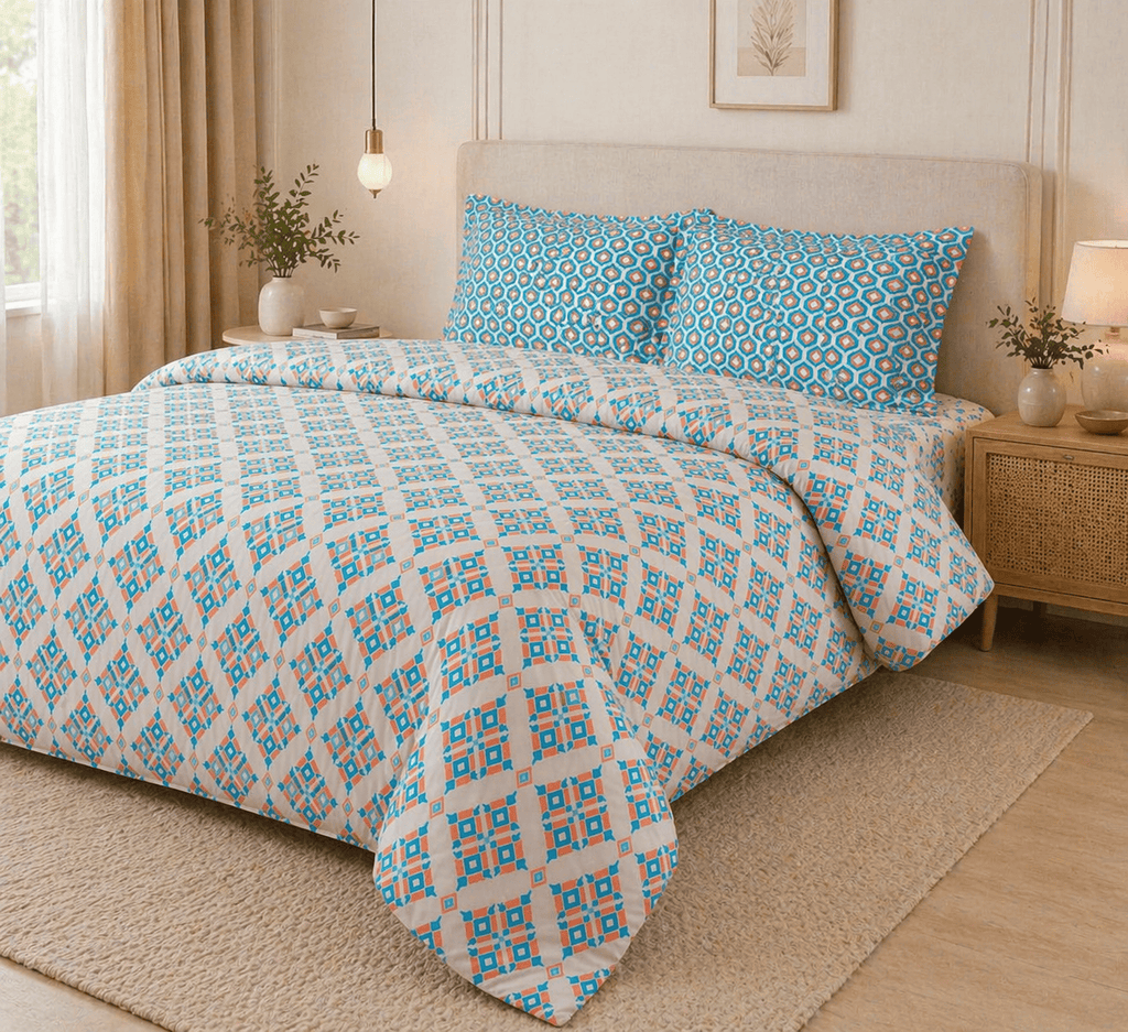 Reysha Digital Print Colour Premium Cotton Bedsheet - Indonesian Ikkat Essence ( Thread Count 300 )
