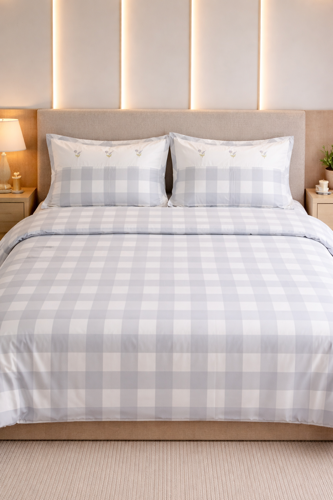 Reysha Digital Print Colour Premium Cotton Bedsheet - Gingham Grey Garden Bliss ( Thread Count 300 )