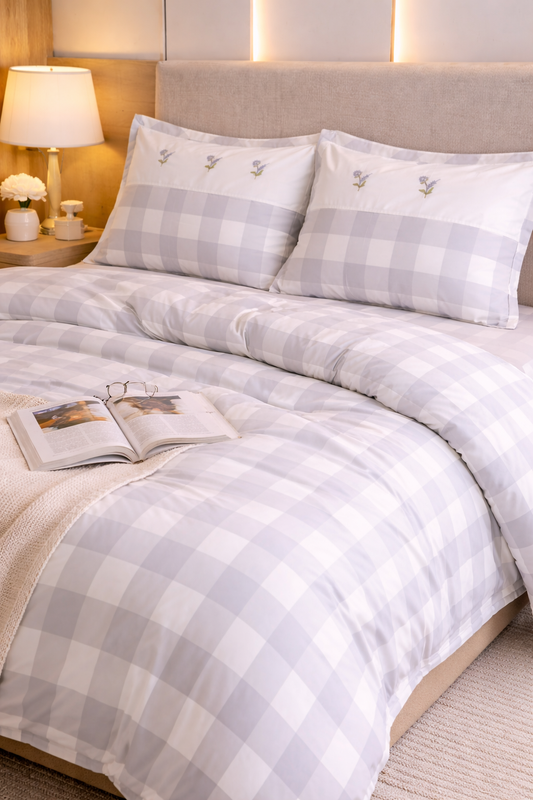Reysha Digital Print Colour Premium Cotton Bedsheet - Gingham Grey Garden Bliss ( Thread Count 300 )