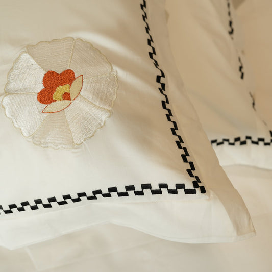 Reysha Embroidery Cotton Bedsheet- Checkered Charm pearl white 400 TC