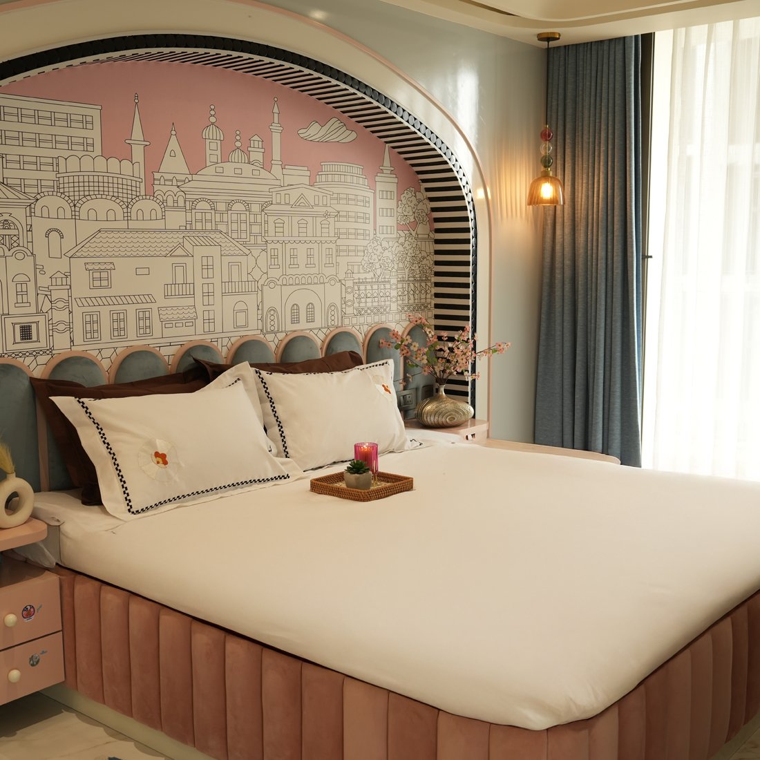 Reysha Embroidery Cotton Bedsheet- Checkered Charm pearl white 400 TC