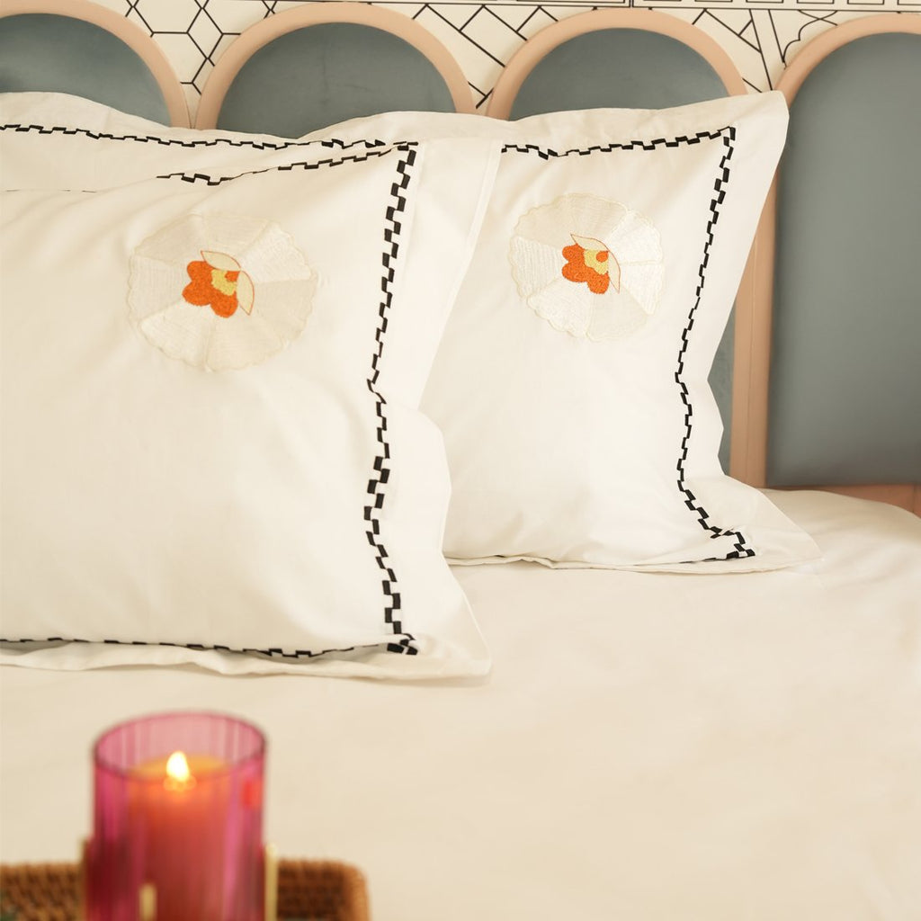 Reysha Embroidery Cotton Bedsheet- Checkered Charm pearl white 400 TC