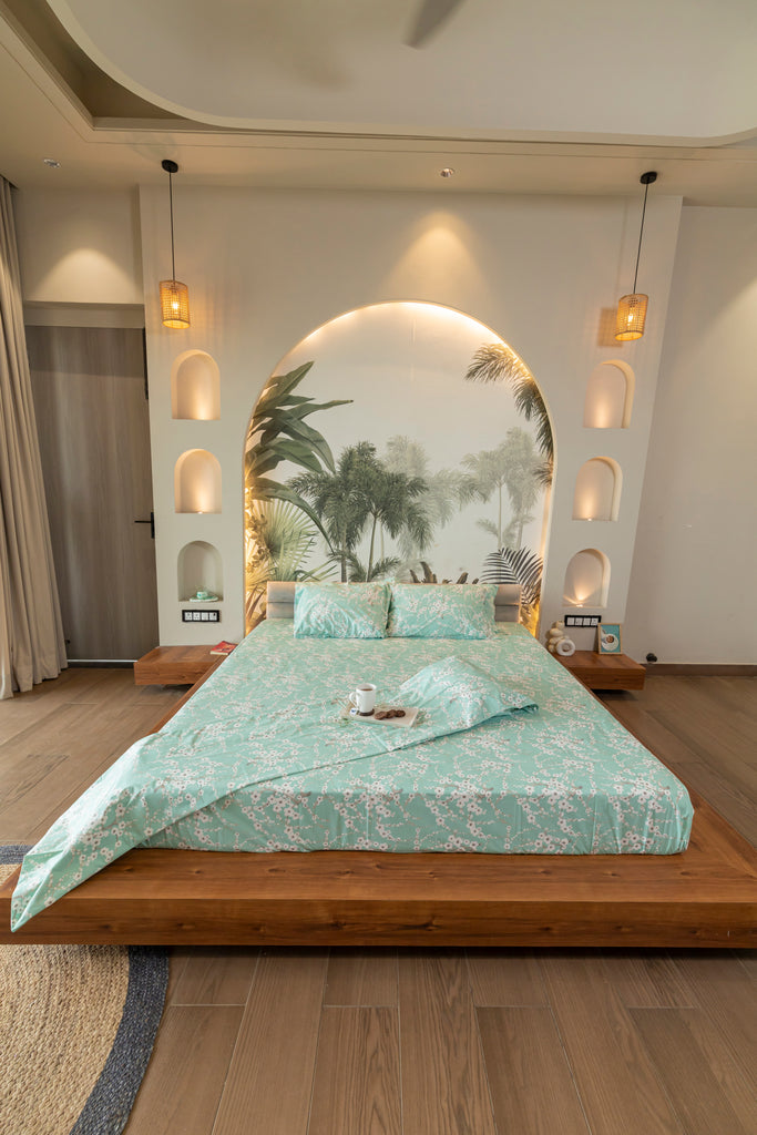 Reysha Digital Print Colour Premium Cotton Bedsheet - Sakura Blossom ( Thread Count 300 )