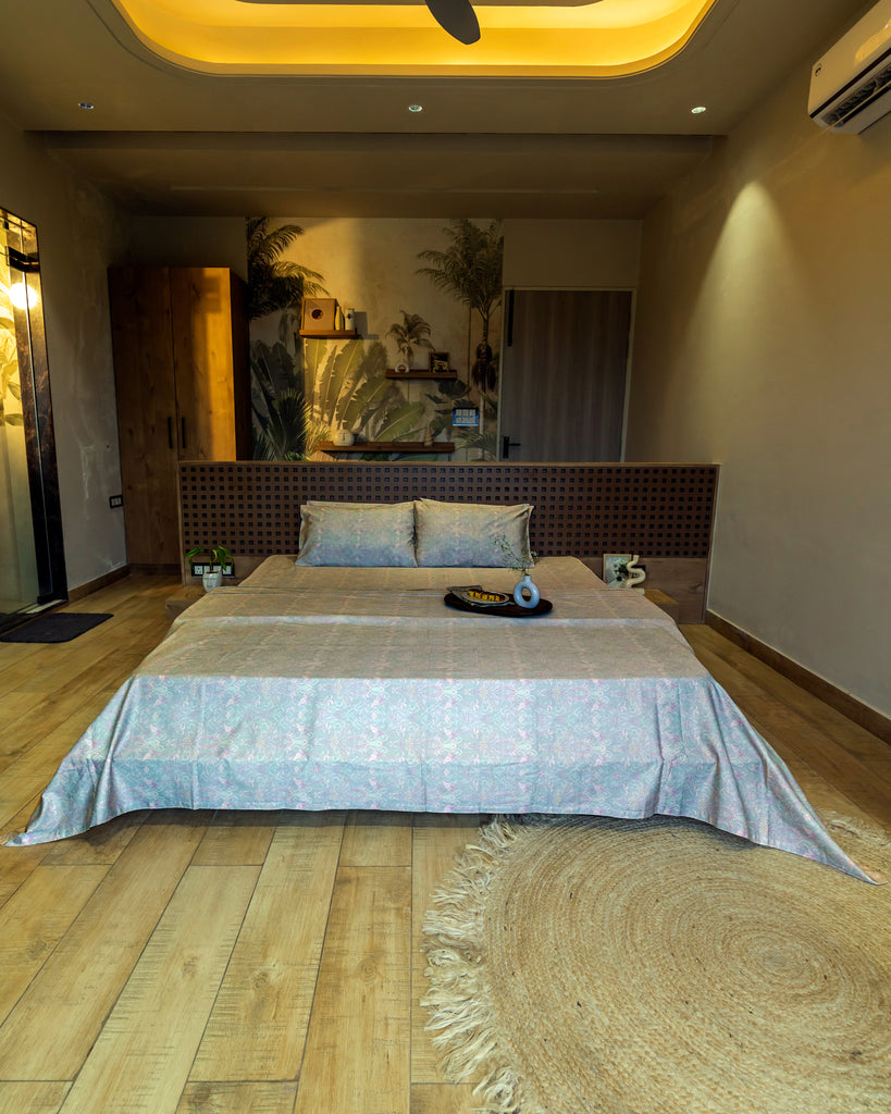 Reysha Digital Print Colour Premium Cotton Bedsheet - Paisley Sage ( Thread Count 400 )