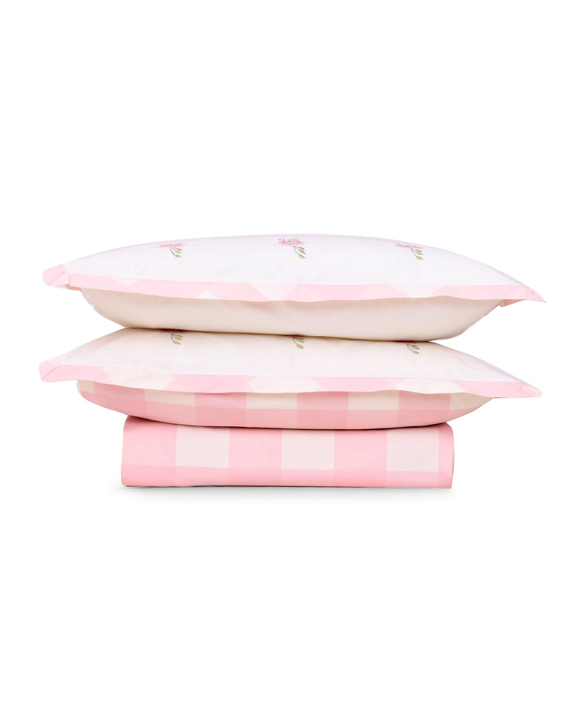 Reysha Digital Print Colour Premium Cotton Bedsheet - Gingham Pink Garden Bliss ( Thread Count 300 )