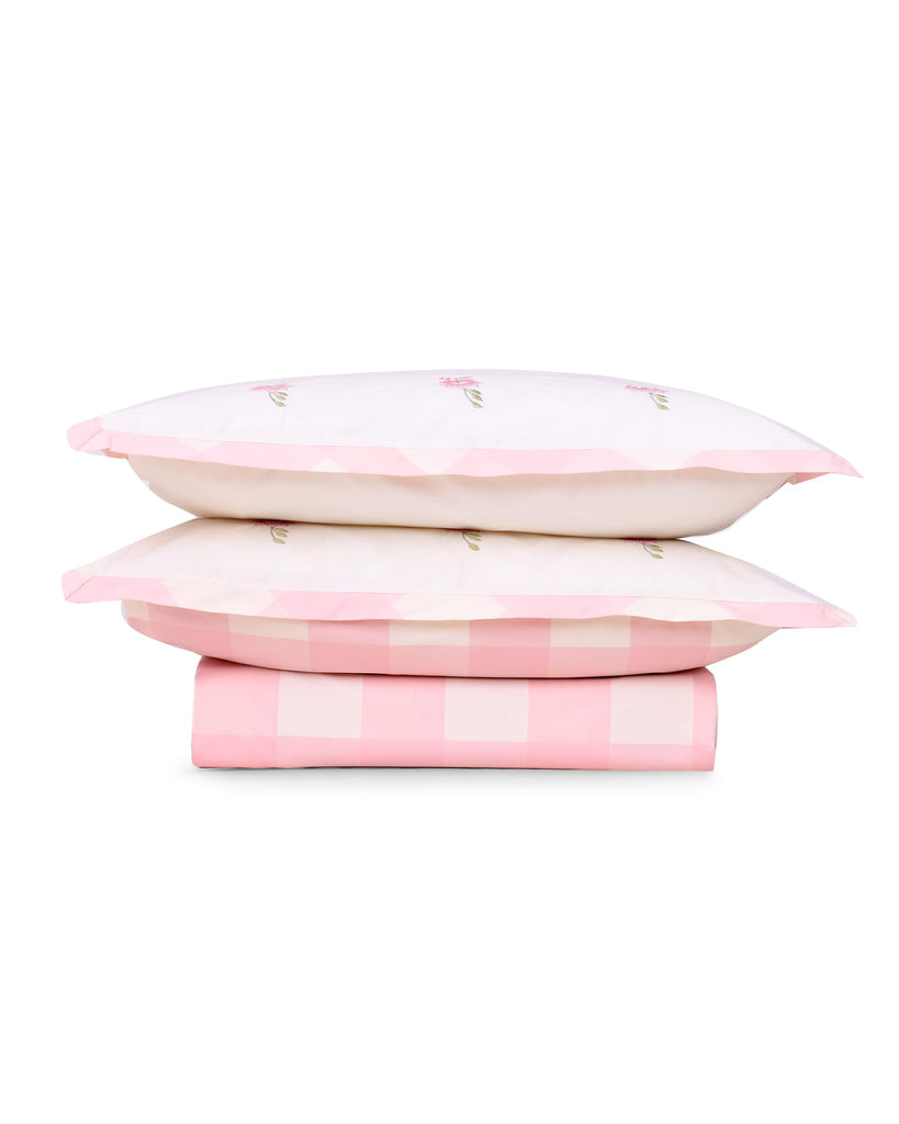 Reysha Digital Print Colour Premium Cotton Bedsheet - Gingham Pink Garden Bliss ( Thread Count 300 )