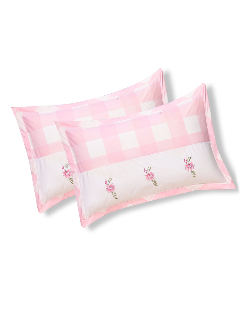 Reysha Digital Print Colour Premium Cotton Bedsheet - Gingham Pink Garden Bliss ( Thread Count 300 )