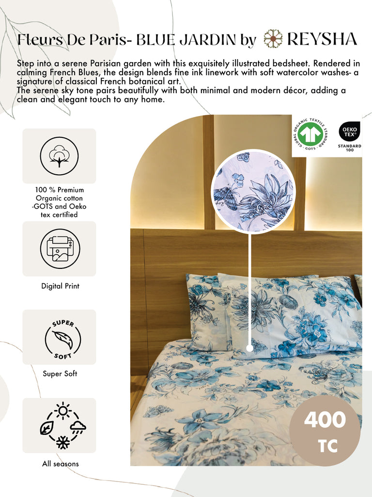 Reysha Digital Print Colour Premium Cotton Bedsheet - Fleurs De Paris (Blue Jardin) | ( Thread Count 400 )
