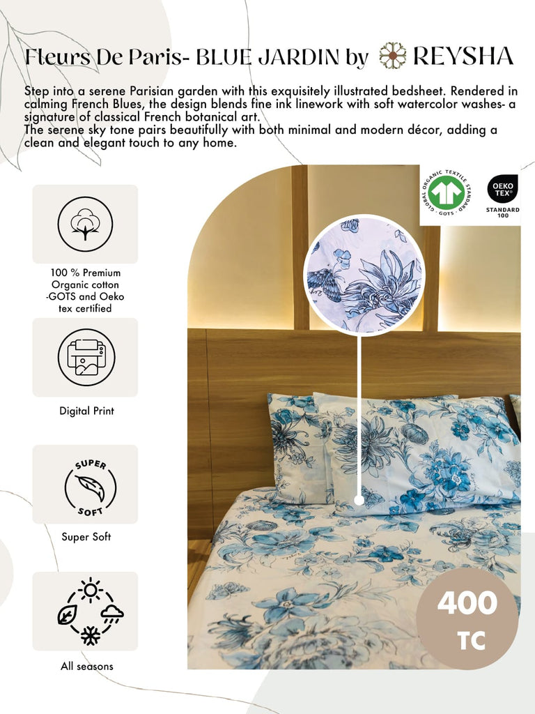 Reysha Digital Print Colour Premium Cotton Bedsheet - Fleurs De Paris (Blue Jardin) | ( Thread Count 400 )