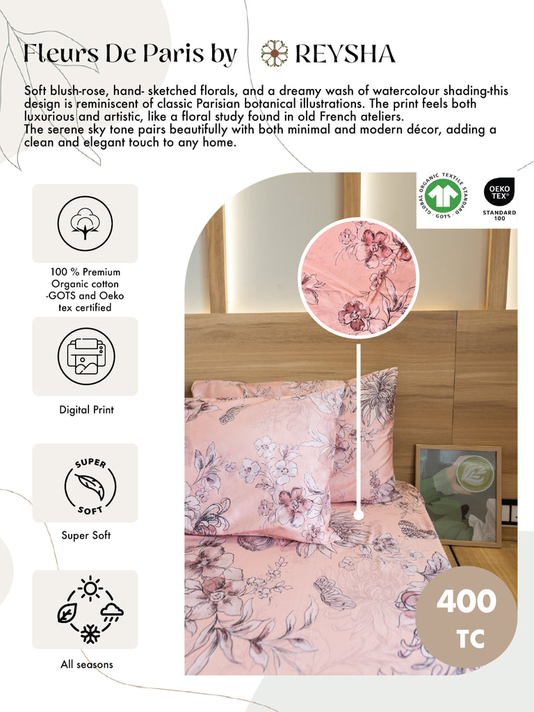 Reysha Digital Print Colour Premium Cotton Bedsheet - Fleurs De Paris ( Thread Count 400 )