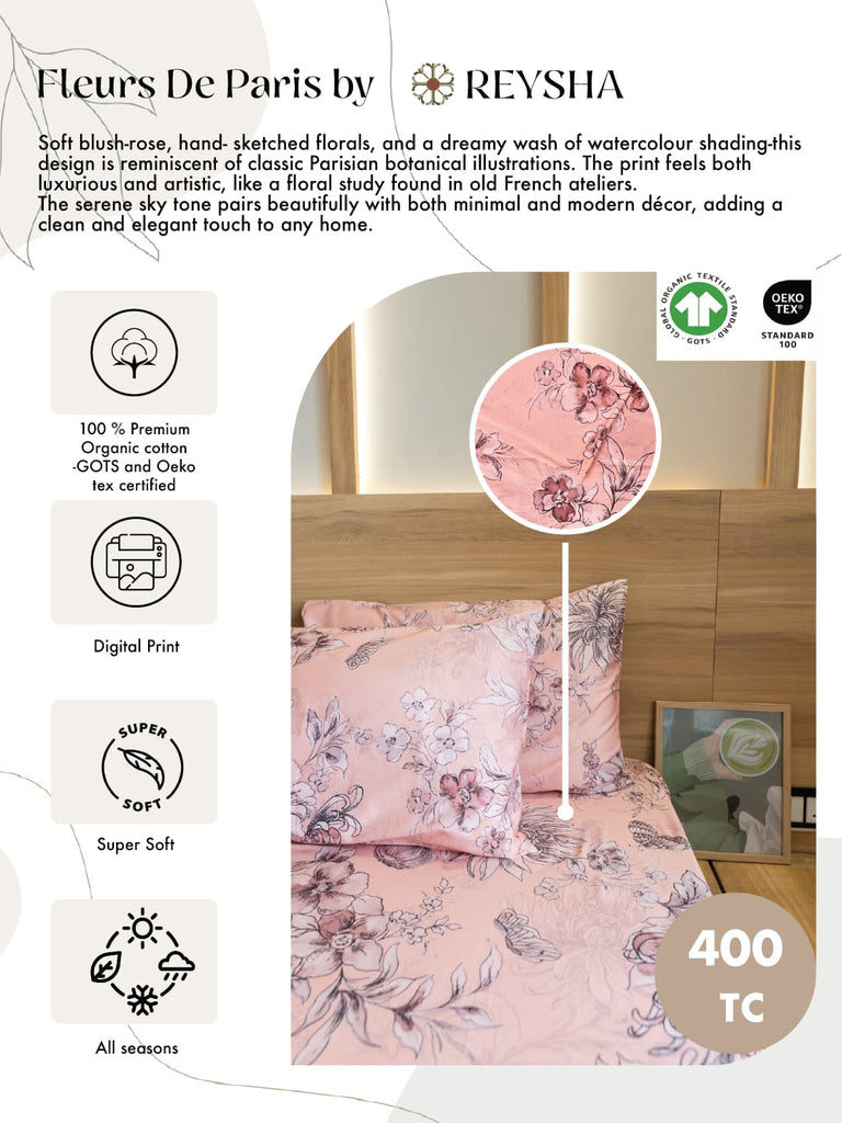 Reysha Digital Print Colour Premium Cotton Bedsheet - France's Fleurs De Paris ( Thread Count 400 )