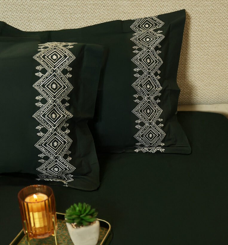 Reysha Embroidery Cotton Bedsheet- Leafy Lattice Forest Green 400 TC