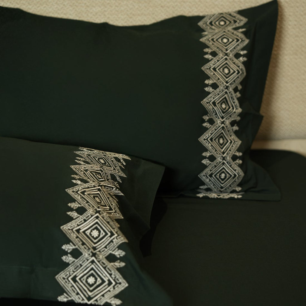 Reysha Embroidery Cotton Bedsheet- Leafy Lattice Forest Green 400 TC