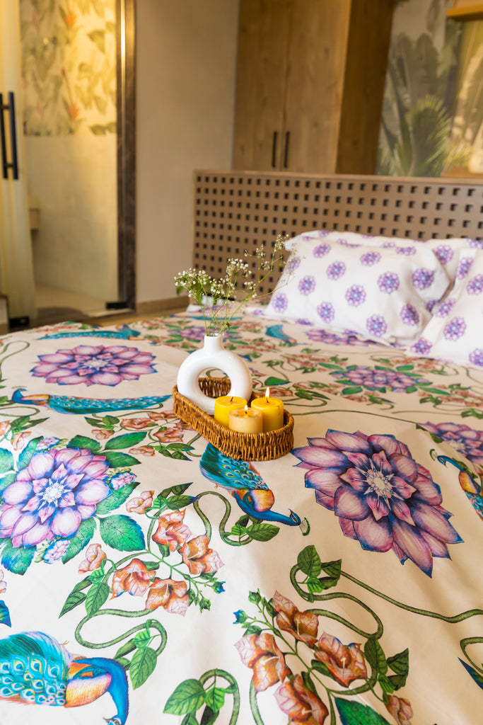 Reysha Digital Print Colour Premium Cotton Bedsheet- Peacock Meadow ( Thread Count 400 )