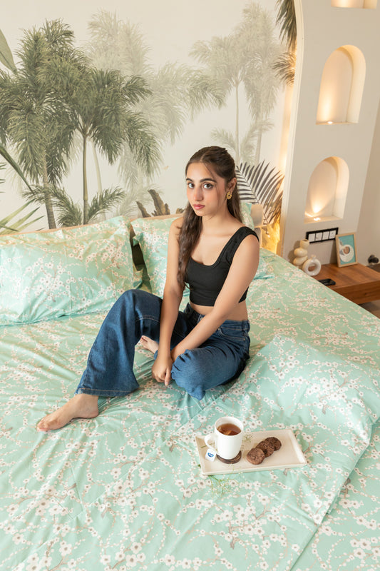 Reysha Digital Print Colour Premium Cotton Bedsheet - Sakura Blossom ( Thread Count 300 )