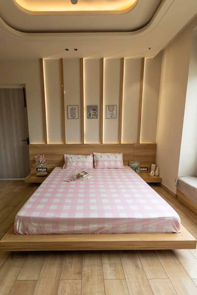 Reysha Digital Print Colour Premium Cotton Bedsheet - Gingham Pink Garden Bliss ( Thread Count 300 )