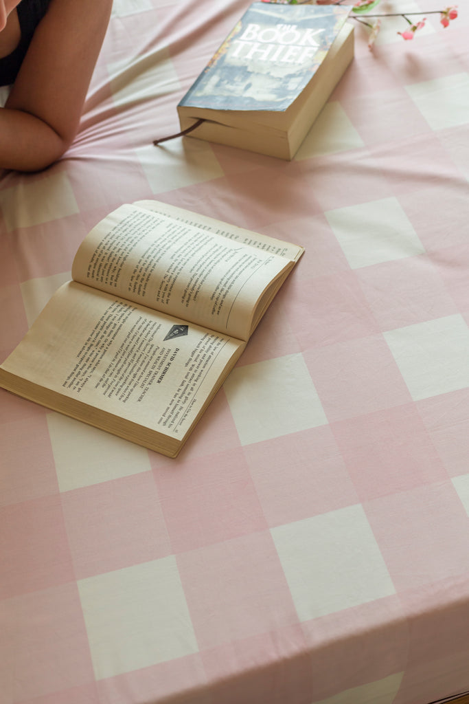 Reysha Digital Print Colour Premium Cotton Bedsheet - Gingham Pink Garden Bliss ( Thread Count 300 )