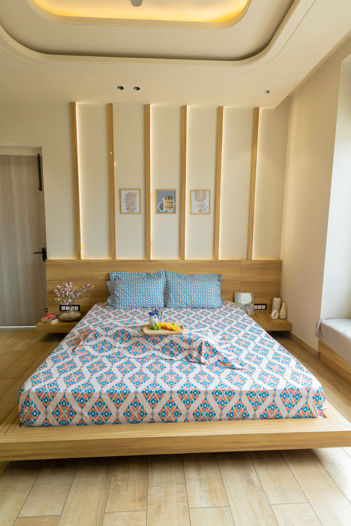 Reysha Digital Print Colour Premium Cotton Bedsheet - Ikkat Essence ( Thread Count 300 )