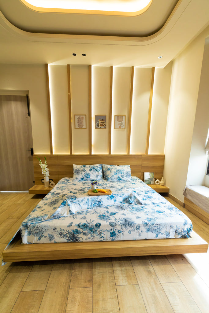 Reysha Digital Print Colour Premium Cotton Bedsheet - Fleurs De Paris (Blue Jardin) | ( Thread Count 400 )