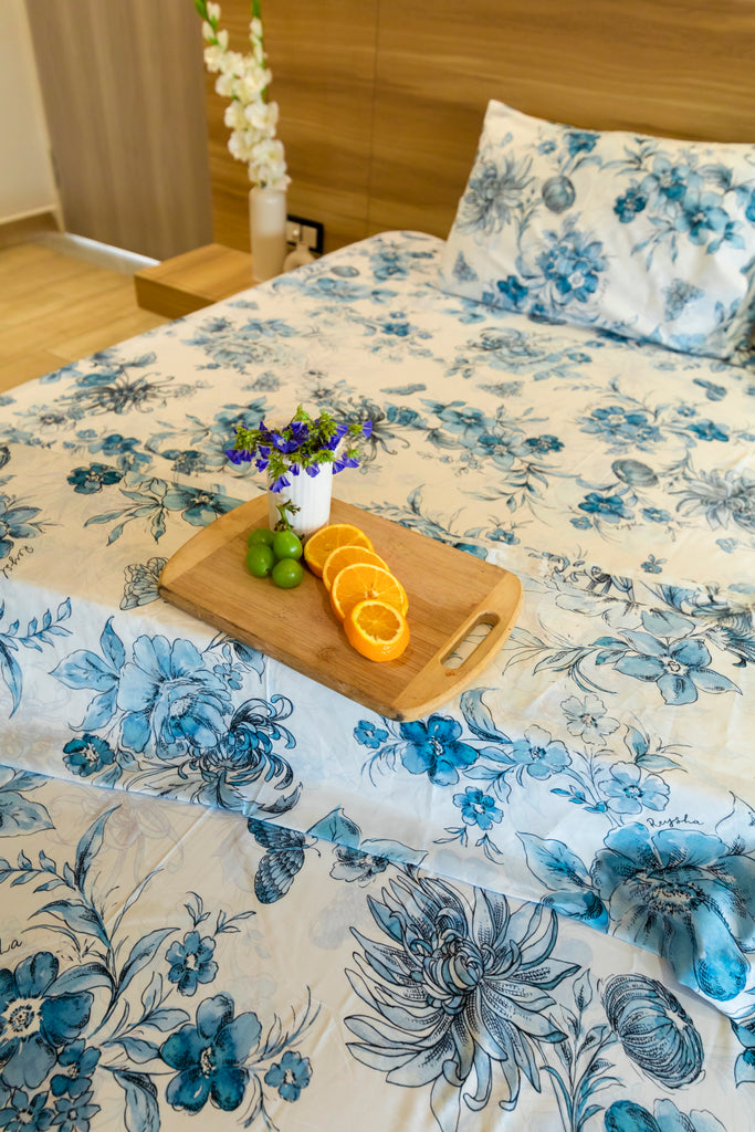 Reysha Digital Print Colour Premium Cotton Bedsheet - Fleurs De Paris (Blue Jardin) | ( Thread Count 400 )