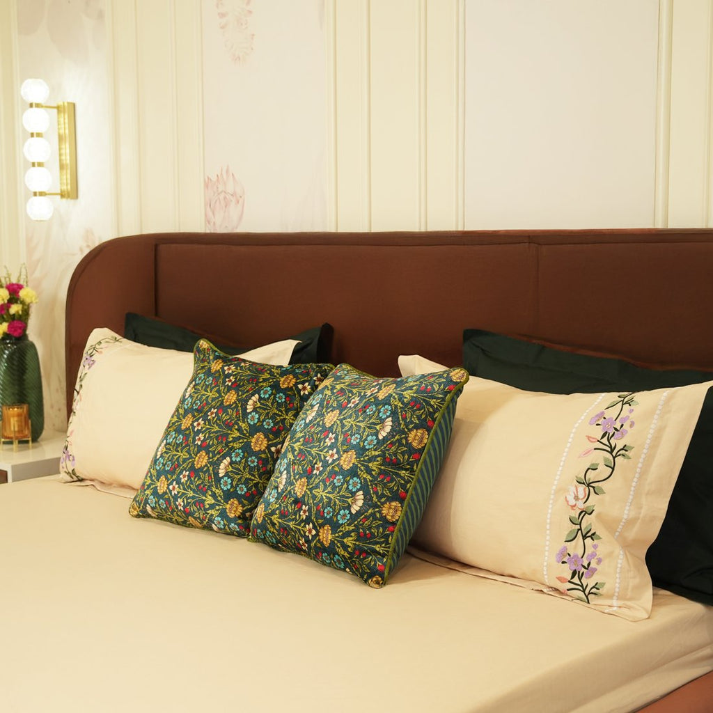 Reysha Embroidery Cotton Bedsheet- Petal Path - Sand 300 TC