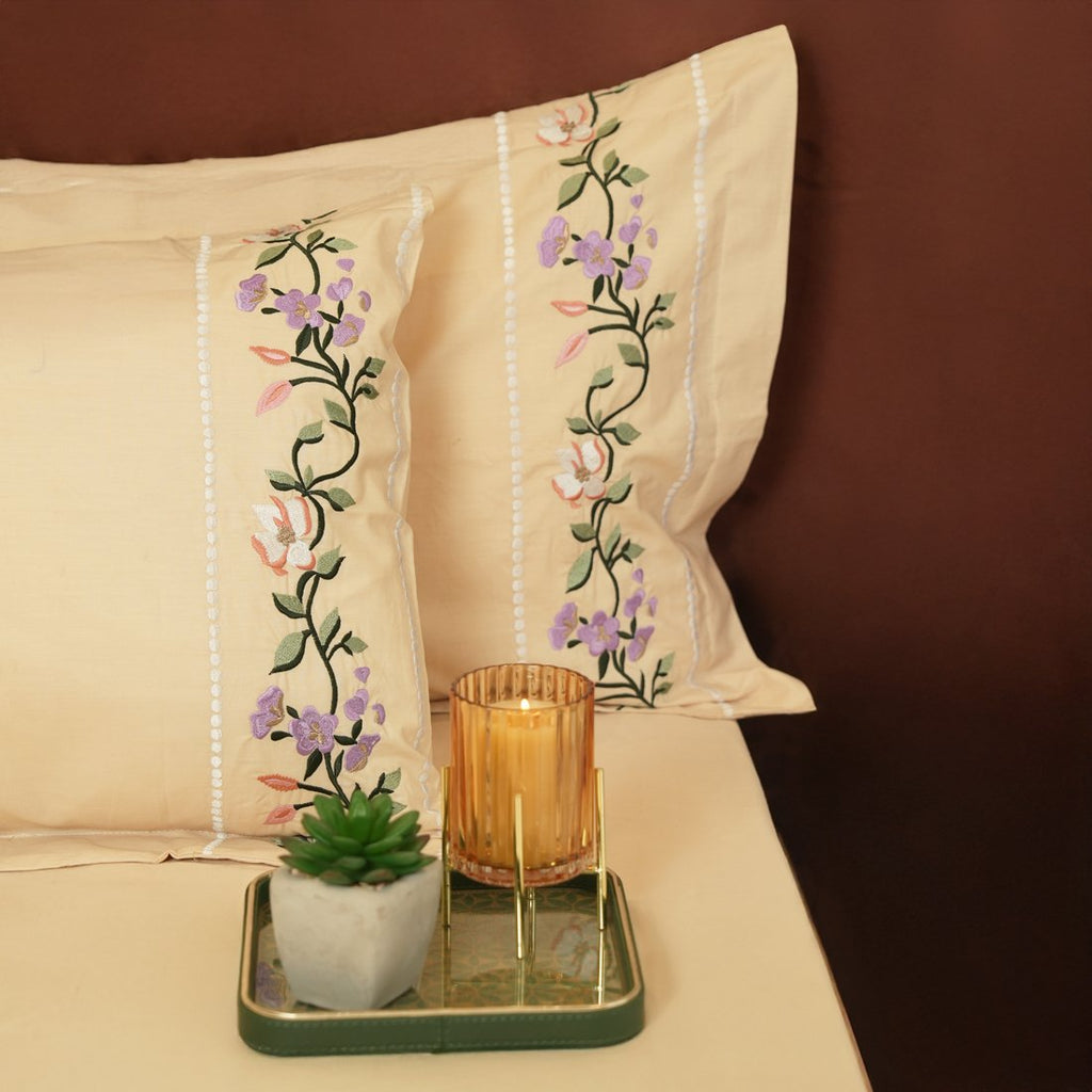 Reysha Embroidery Cotton Bedsheet- Petal Path - Sand 300 TC