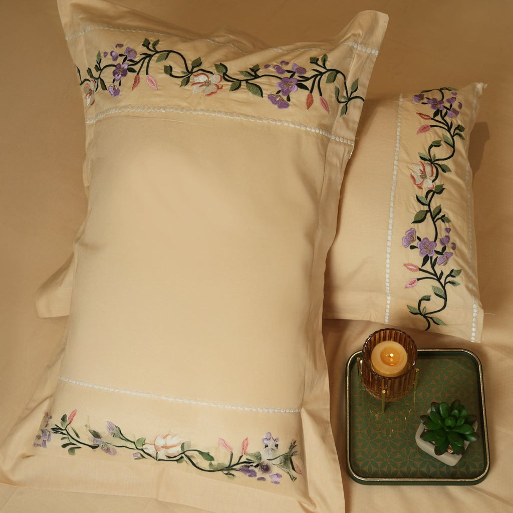 Reysha Embroidery Cotton Bedsheet- Petal Path - Sand 300 TC