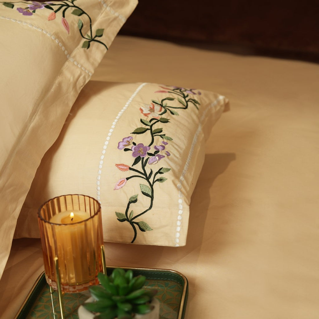 Reysha Embroidery Cotton Bedsheet- Petal Path - Sand 300 TC