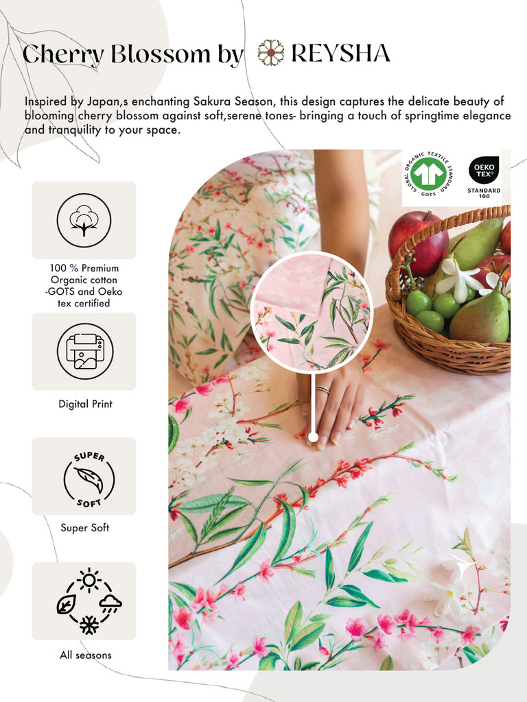 Reysha Digital Print Colour Premium Cotton Bedsheet - Japan's Cherry Blossom ( Thread Count 400 )