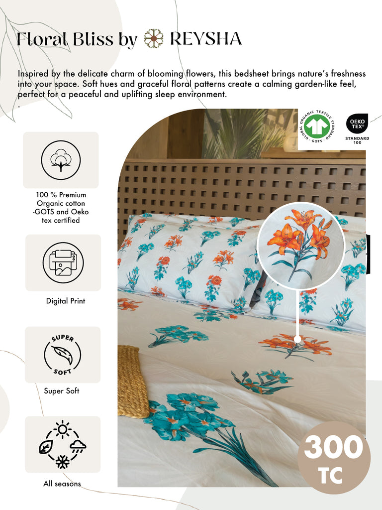 Reysha Digital Print Colour Premium Cotton Bedsheet - Floral Bliss ( Thread Count 300 )