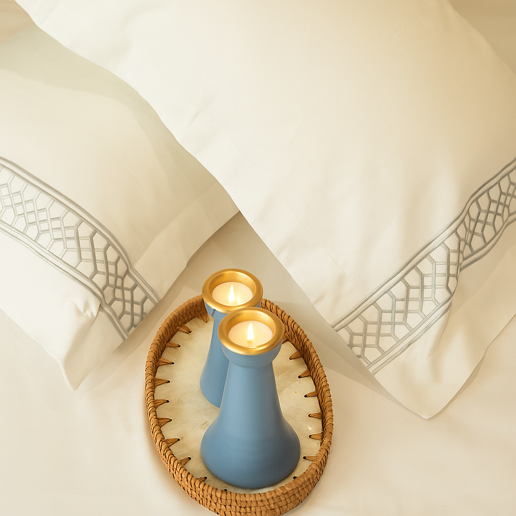 Reysha Embroidery Cotton Bedsheet- Linear Lux pearl white 400 TC