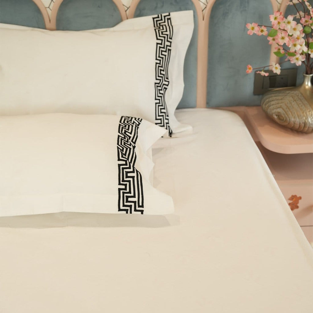 Reysha Embroidery Cotton Bedsheet- Maze Muse pearl white 400 TC