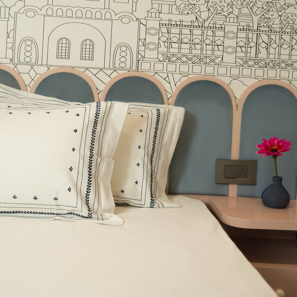 Reysha Embroidery Cotton Bedsheet- Midnight Minimal pearl white 400 TC