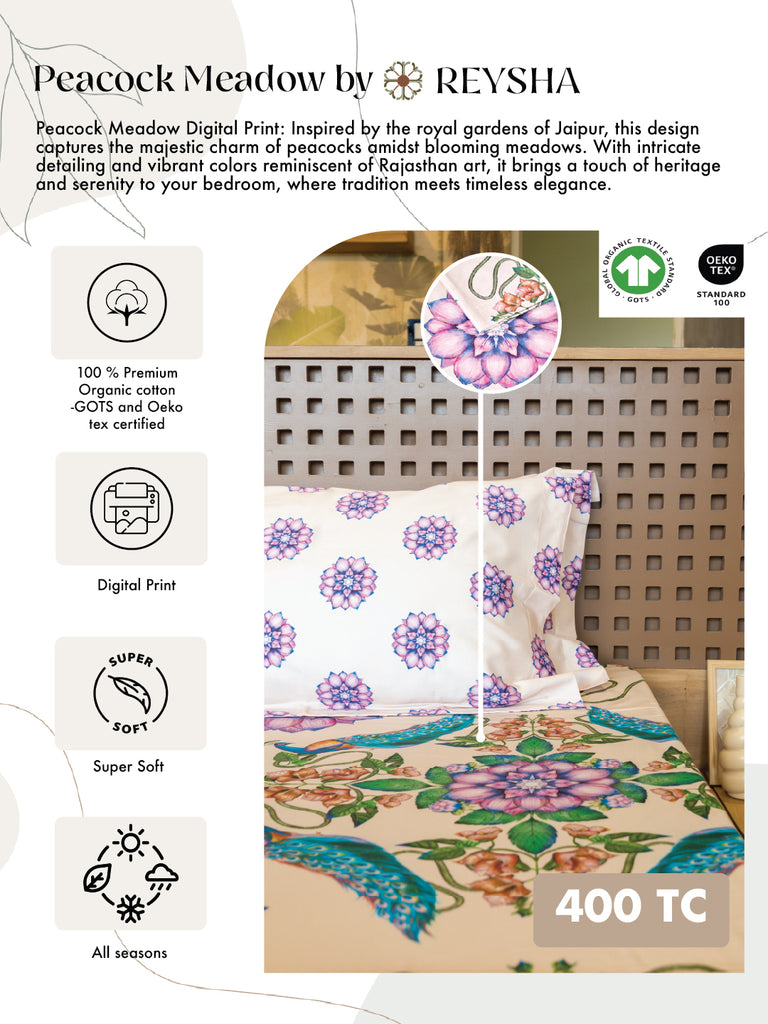 Reysha Digital Print Colour Premium Cotton Bedsheet- Peacock Meadow ( Thread Count 400 )