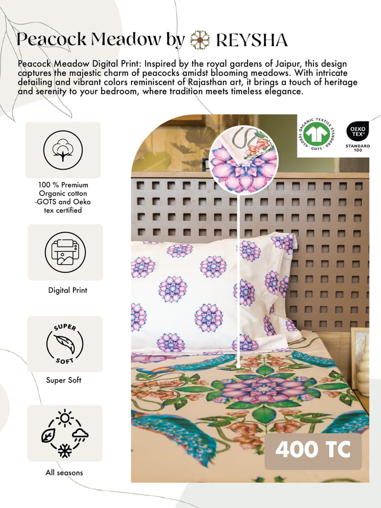 Reysha Digital Print Colour Premium Cotton Bedsheet- Japiur's Peacock Meadow ( Thread Count 400 )