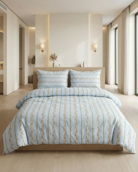 Reysha Digital Print Colour Premium Cotton Bedsheet - Blue Vine Whisper ( Thread Count 300 )