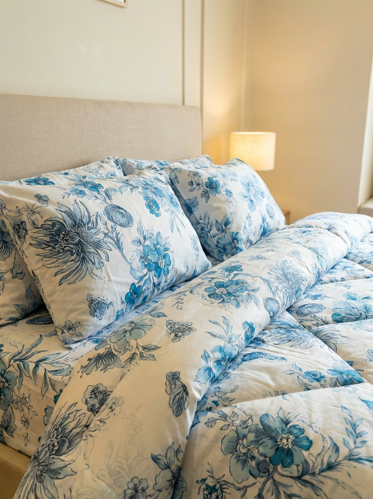 Reysha Digital Print Colour Premium Cotton Bedsheet - Fleurs De Paris (Blue Jardin) | ( Thread Count 400 )