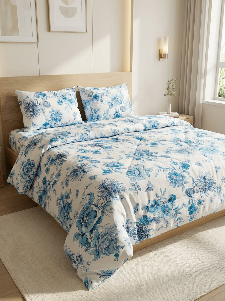 Reysha Digital Print Colour Premium Cotton Bedsheet - Fleurs De Paris (Blue Jardin) | ( Thread Count 400 )