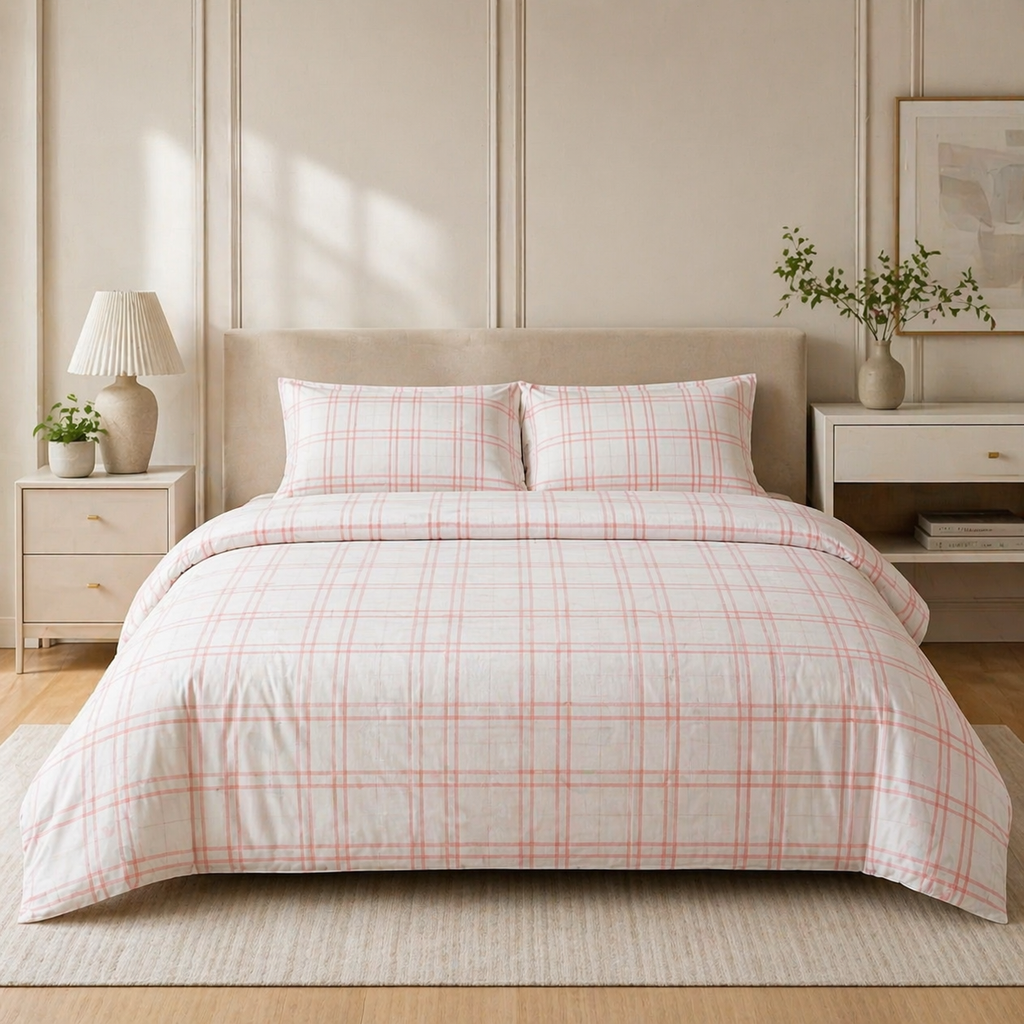Reysha Digital Print Colour Premium Cotton Bedsheet - Scandi Blush Checks ( Thread Count 300 )
