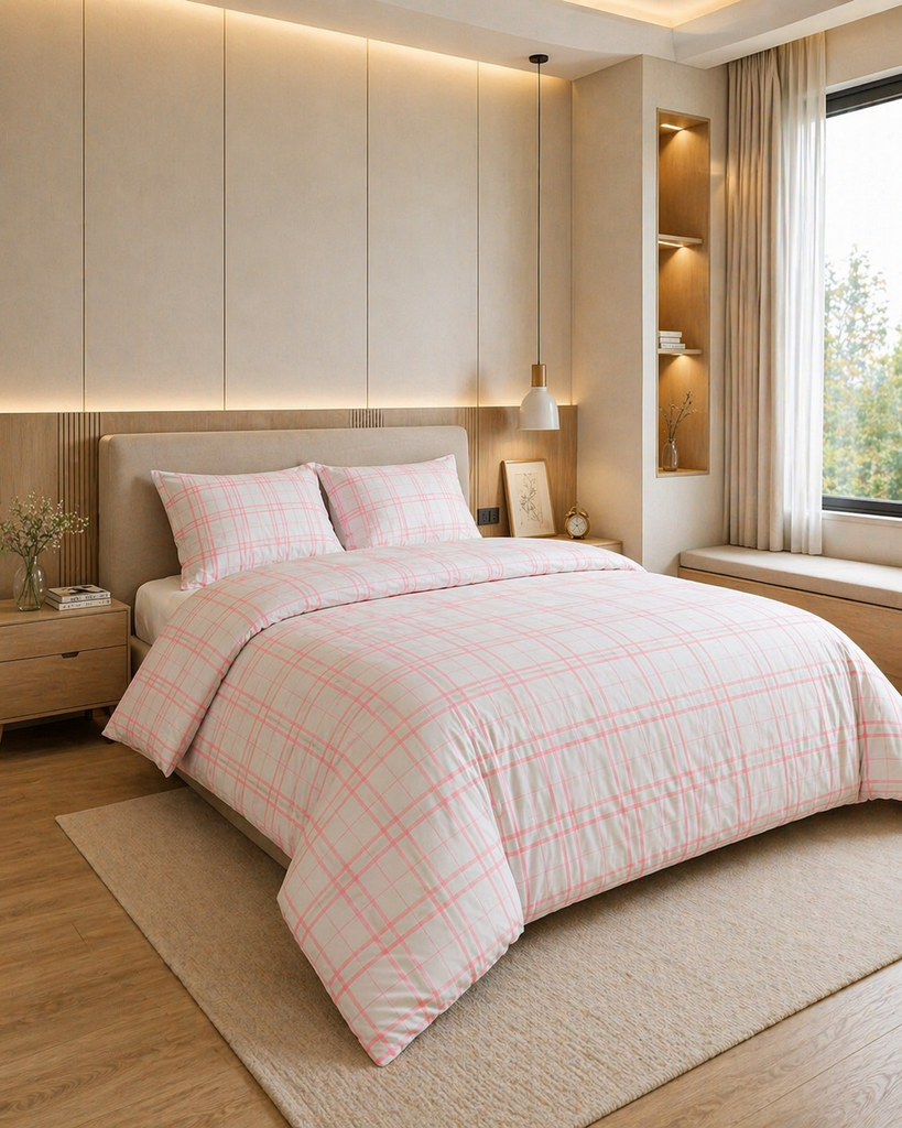 Reysha Digital Print Colour Premium Cotton Bedsheet - Scandi Blush Checks ( Thread Count 300 )
