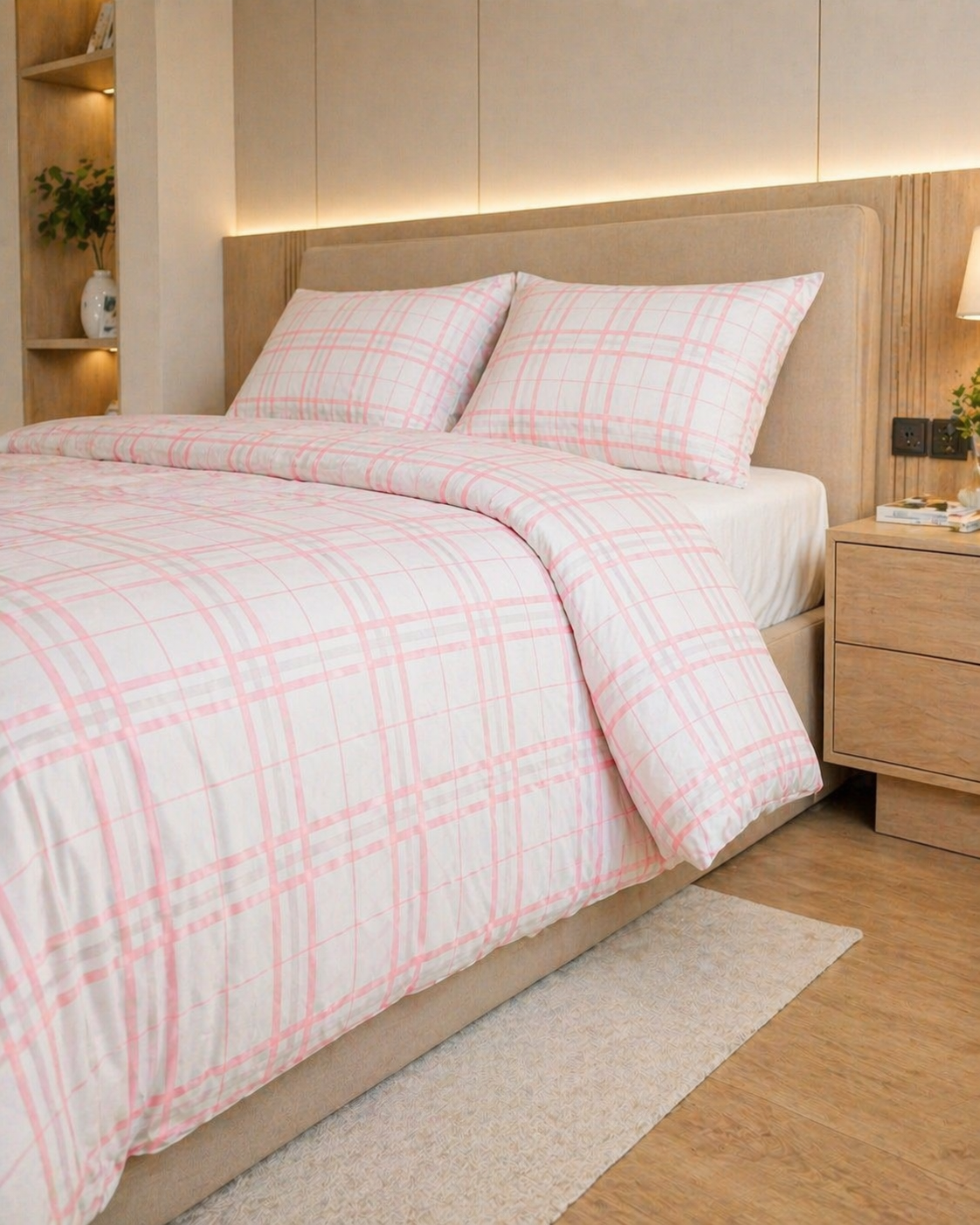 Reysha Digital Print Colour Premium Cotton Bedsheet - Scandi Blush Checks ( Thread Count 300 )