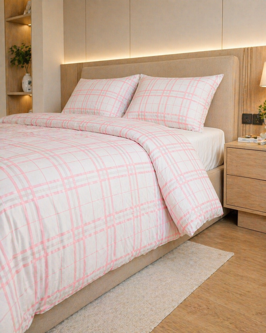 Reysha Digital Print Colour Premium Cotton Bedsheet - Scandi Blush Checks ( Thread Count 300 )