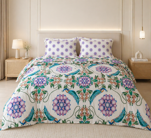 Reysha Digital Print Colour Premium Cotton Bedsheet- Japiur's Peacock Meadow ( Thread Count 400 )