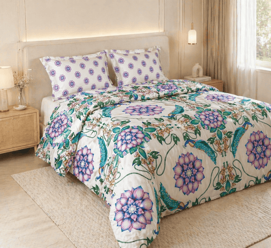 Reysha Digital Print Colour Premium Cotton Bedsheet- Japiur's Peacock Meadow ( Thread Count 400 )